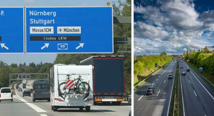 Husbil under skylt mot Nürnberg och motorväg