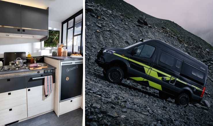 Kök i husbil intill plåtis från Hymer som kör i grustag