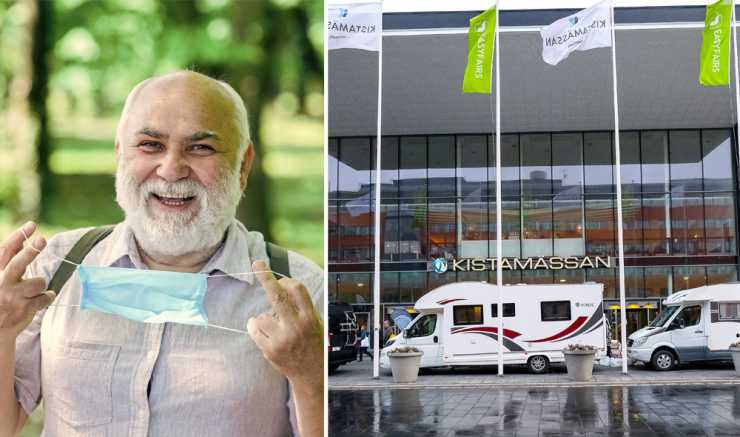 glad man tar av munskydd och husbilar utanför Kistamässan